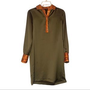 Scotch & Soda Maison Scotch hunter green satin mustard snakeskin shirt dress XS